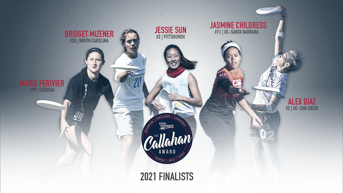 USAUltimate's tweet photo. Meet the 2021 #USAUltimate #CallahanAward finalists in the women's division:

Marie Perivier - @UGAUltimate 
Bridget Mizener - @UNC_Pleiades 
Jessie Sun - @PittUltimateW 
Jasmine Childress - @BSkirts 
Alex Diaz - @dcoultimate https://t.co/OOIB9jJWqL