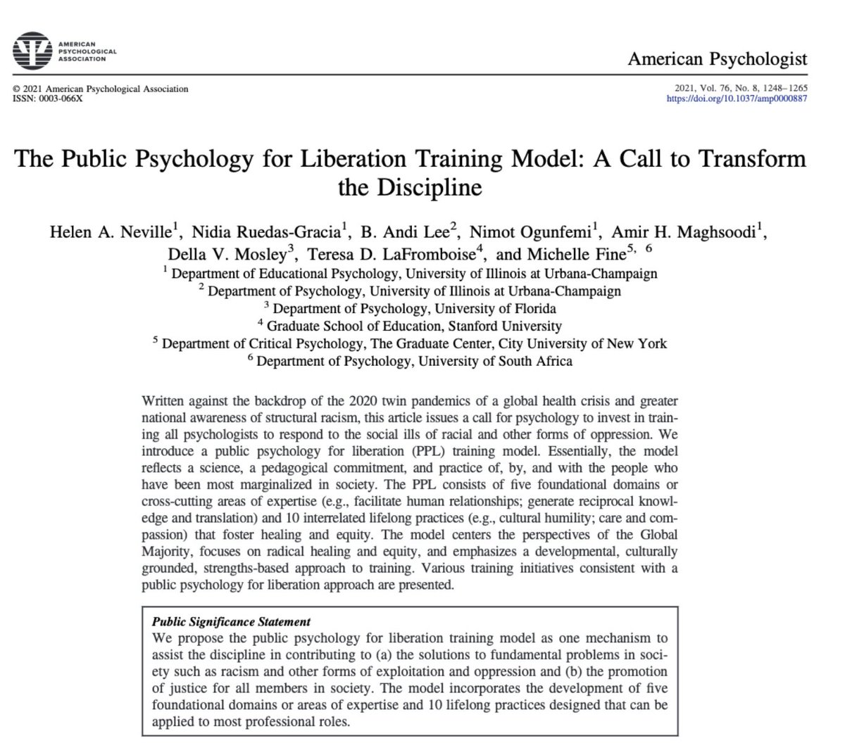 📣New pub alert📣 In this new American Psychologist article we present the Public Psychology for Liberation Training Model. We identify ways in which psychology programs can transform their training. <a href="/nrgracia/">Dra. Nidia Ruedas-Gracia</a> <a href="/b_andilee/">B. Andi Lee</a> <a href="/soori_breeze/">Amir Maghsoodi امیر مقصودی</a> <a href="/DellaVMosley/">dr. della is naming herself (she/they)</a>