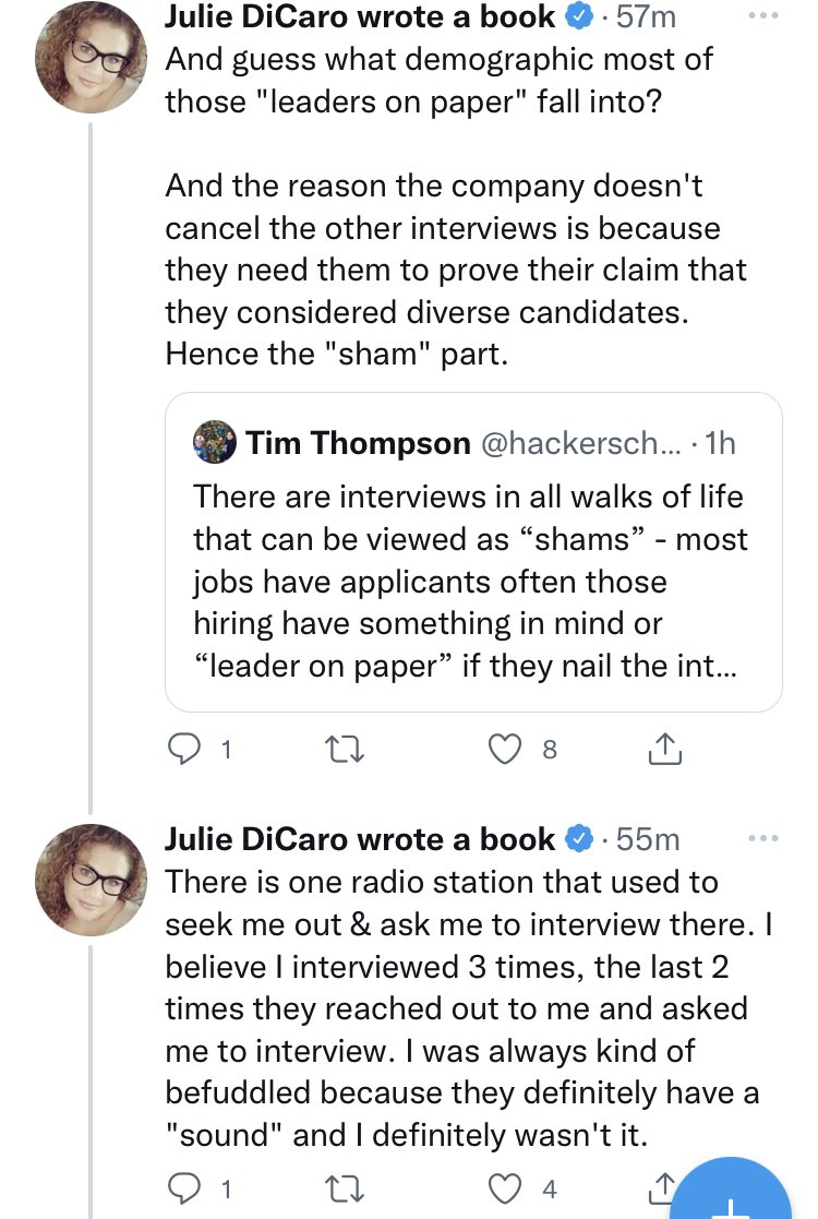 davjens109's tweet photo. Tim’s thread was about the Rooney Rule and how POC are often set up with sham interviews. Julie’s reply was to make it about her… A WHITE WOMAN #Meeeeeeeeeee https://t.co/sHWzvWokYb