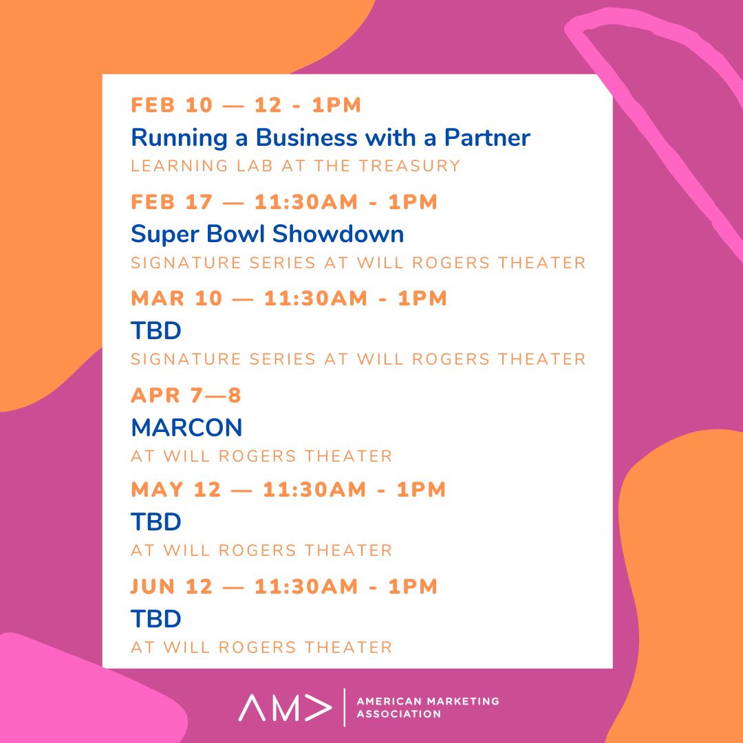 amaokc's tweet photo. 📆 drop these dates on your calendar 📆 

You will not want to miss these!
FEB 10 - Learning Lab with @toastoklahoma - 📍 The Treasury 

Feb 17 - Super bowl showdown 🏈- 📍 @will_rogers_theatre 

Mar 10 - TBD 

Apr 7-8 - 📣MARCON! 📣 

#amaokc #okcmarketing #okc https://t.co/1ylWbKZKkx