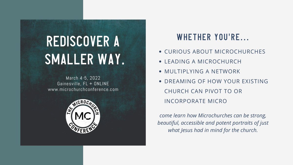 WeAreSoma's tweet photo. We're so excited about for the Microchurch Conference in March! 

JOIN IN PERSON OR ONLINE for this summit about leading a microchurch, multiplying a network, &amp; dreaming of the possibility of transitioning your existing church

Learn more and register!
https://t.co/qb11liLuv9… https://t.co/vF3kZRKOZD