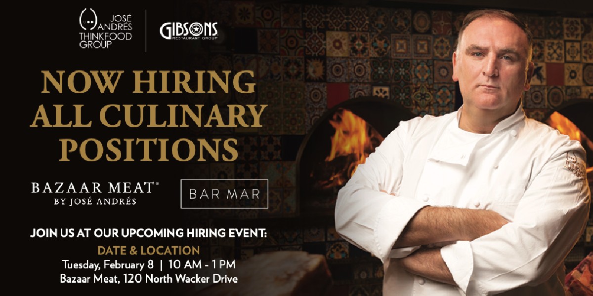 Join our team in #Chicago! Apply here for Bar Mar &amp; <a href="/Bazaarbyjose/">The Bazaar by José Andrés</a> #BazaarMeat: qhire.net/bazaar and join us at our hiring event on 2/8 10AM – 1PM. <a href="/chefjoseandres/">Chef José Andrés 🕊️🥘🍳</a> <a href="/thinkfoodgroup/">Món ngon Đà Nẵng</a> <a href="/GibsonsSteak/">Gibsons Steakhouse</a>