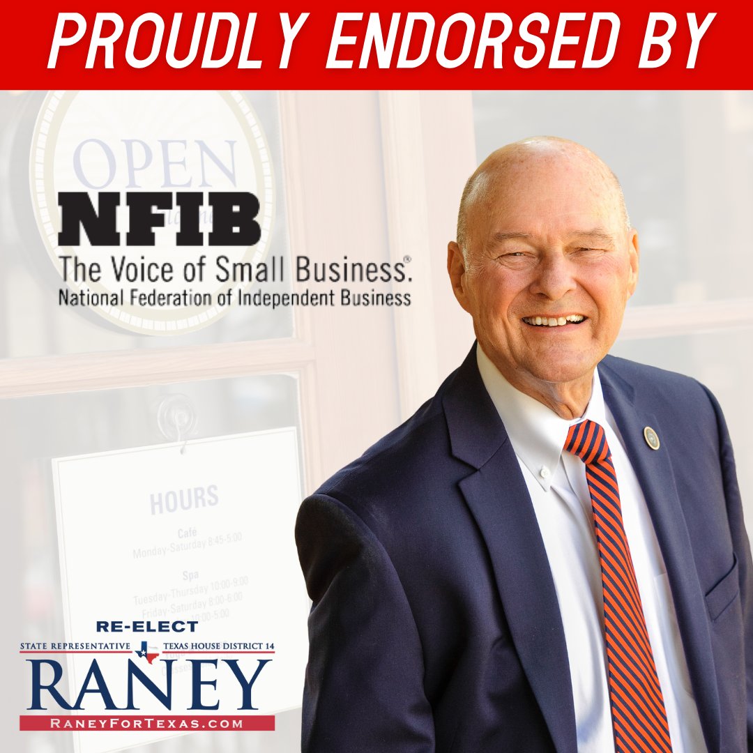 John Raney (@raneyfortexas) on Twitter photo Thank you, <a href="/nfib_tx/">NFIB Texas</a>, for your continued support and endorsement!
I have spent most of my adult life fighting for more business freedom, and it has been an honor to continue that fight in the Texas Capitol. #txlege #SmallBusiness Thank you, <a href="/nfib_tx/">NFIB Texas</a>, for your continued support and endorsement!
I have spent most of my adult life fighting for more business freedom, and it has been an honor to continue that fight in the Texas Capitol. #txlege #SmallBusiness