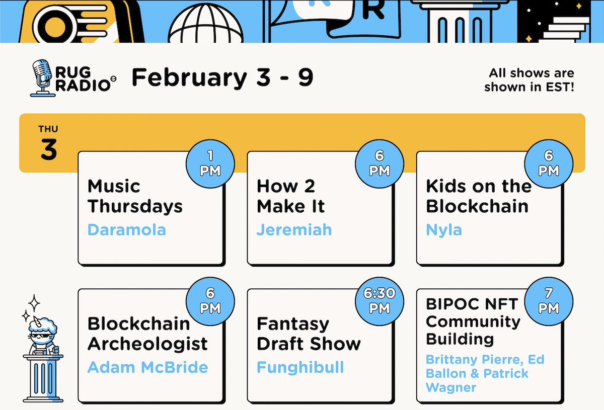 Beyond stoked to add my NFT Fantasy Draft to the <a href="/RugRadio/">Rug Radio</a> lineup!🎙️🏌️‍♂️

My goal with the Draft was always to bring as much zero-stakes fun &amp; value to the NFT community as possible and <a href="/farokh/">Farokh</a> and the RR fam were stoked to help continue to make that happen 💙

🧵On how it works...