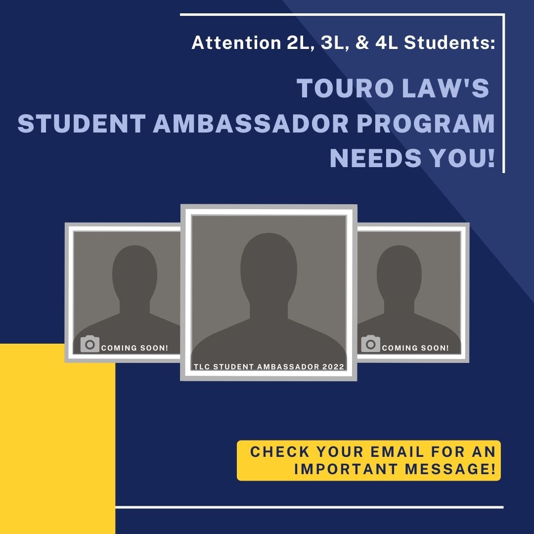 Touro Law Center (@tourolawcenter) on Twitter photo Interested in becoming a Student Ambassador? If so, we would love to hear from you! Check your email for our invitation link or contact the Admissions Office for more information admissions@tourolaw.edu
#tourolaw
#studentambassador
#lawschoollife Interested in becoming a Student Ambassador? If so, we would love to hear from you! Check your email for our invitation link or contact the Admissions Office for more information admissions@tourolaw.edu
#tourolaw
#studentambassador
#lawschoollife