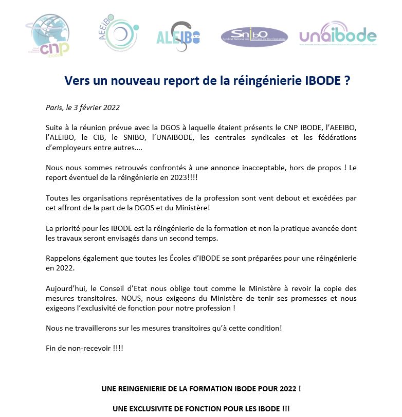 Suite à la réunion visio de ce jour avec la <a href="/DGOS/">Darlene Gomes</a> , voici un communiqué commun des associations représentatives <a href="/CnpIbode/">CNP IBODE</a> <a href="/aeeibo/">AEEIBO</a> <a href="/ALEIBO2/">ALEIBO</a> <a href="/SyndicatIbo/">SNIBO</a> <a href="/olivierveran/">Olivier Véran</a>