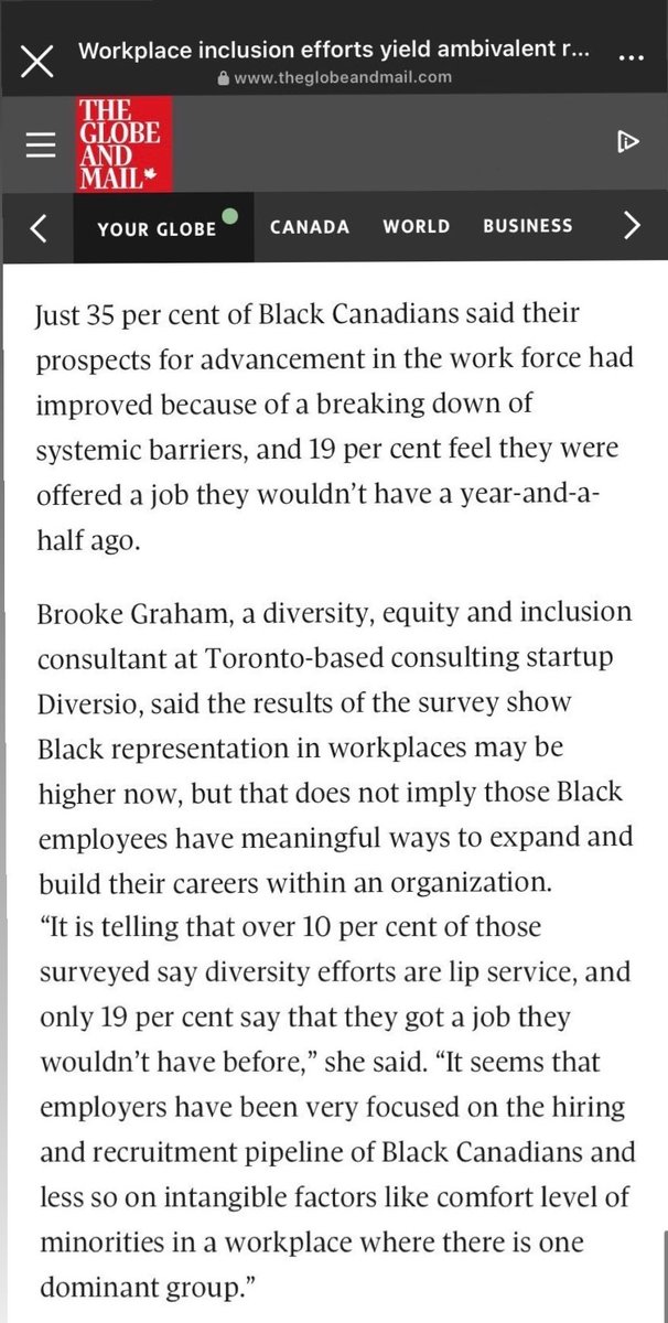my commentary made the news today!

really big moment for me as building my expertise + sharing my opinion within the evolving DEI space is extremely important to me. there’s work to be done to meaningfully include equity-deserving groups, with Black folks being highlighted here