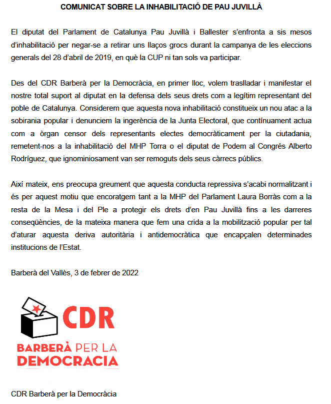 Comunicat sobre la inhabilitació de Pau Juvillà 👇

Resteu atentes a properes convocatòries 🔥⛓️