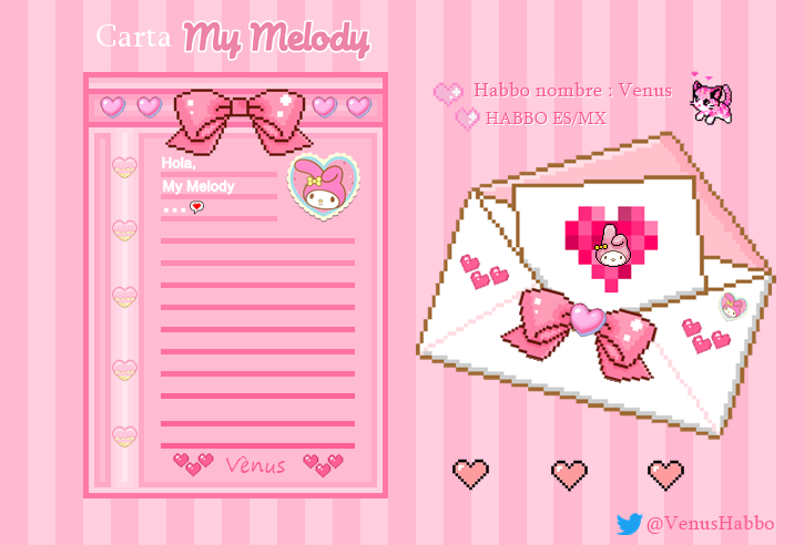 <a href="/HabboPTBR/">Habbo PT/BR</a> 🎀 Carta My Melody 🎀

Dulce carta de Venus, diosa del amor.
Perfumada con Coco Chanel,
para remitirse a mis amiguitos brasileños. 💅🌺

🇧🇷🇪🇸✨

Participante : Venus
HABBO ES/MX

#MyMelodyHabbo