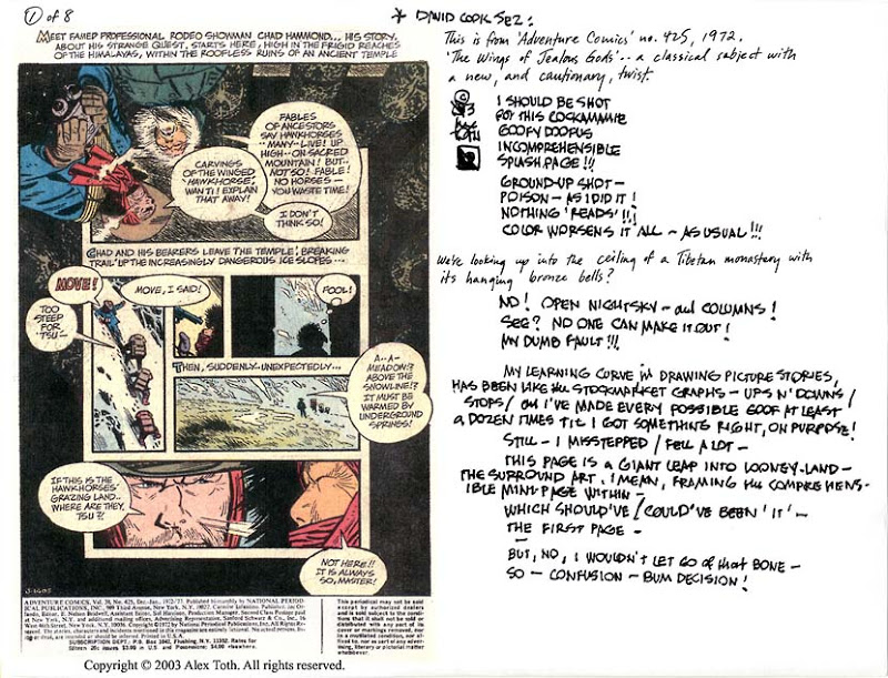 Toth critiquing Toth from ADVENTURE COMICS 417
has some words for the colorist as well.
I like how he is mad at himself for those dynamic shots while i gushed over them (first panel and last panel)