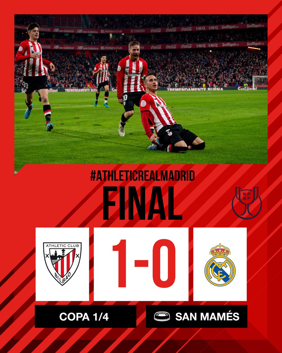 Athletic Club (@athleticclub) on Twitter photo FINAL I ยกยก๐๐ข ๐๐ข๐๐ฅ๐๐ ๐ข๐ฆ!!
El Athletic vence al <a href="/realmadrid/">Real Madrid C.F.</a> en los cuartos de final de la Copa gracias al gol de <a href="/AlexBerenguerR/">Alex Berenguer</a>
โ ยกยก๐๐ฆ๐ง๐๐ ๐ข๐ฆ ๐๐ก ๐ฆ๐๐ ๐๐๐๐ก๐๐๐๐ฆ!!
#AthleticRealMadrid ๐ #AthleticClub ๐ฆ FINAL I ยกยก๐๐ข ๐๐ข๐๐ฅ๐๐ ๐ข๐ฆ!!
El Athletic vence al <a href="/realmadrid/">Real Madrid C.F.</a> en los cuartos de final de la Copa gracias al gol de <a href="/AlexBerenguerR/">Alex Berenguer</a>
โ ยกยก๐๐ฆ๐ง๐๐ ๐ข๐ฆ ๐๐ก ๐ฆ๐๐ ๐๐๐๐ก๐๐๐๐ฆ!!
#AthleticRealMadrid ๐ #AthleticClub ๐ฆ