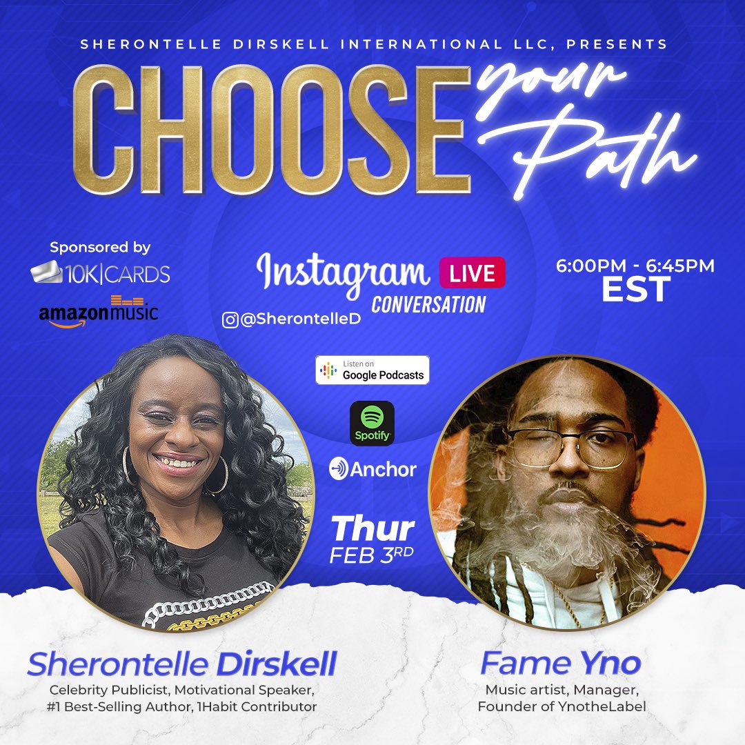 I am so excited &amp; looking forward to going live on #Instagram with <a href="/FameYNO/">PackLicks Mahomes 👁🏆</a> Join Us TODAY at 6 pm Est <a href="/SherontelleD/">Sherontelle Dirskell</a> on Choose Your Path #InstagramLive #thursdayvibes #music #ThursdayMotivation #fyp #like #share #Livestream