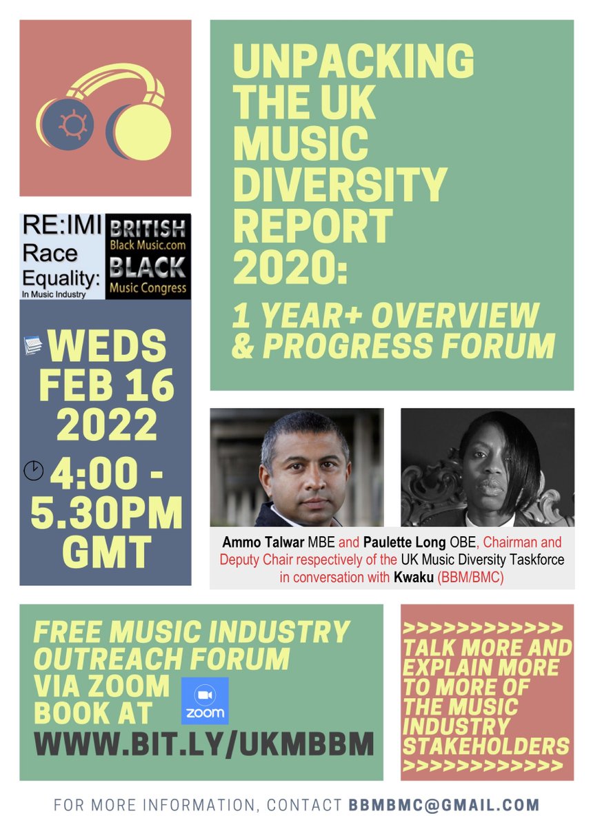 British black music & music industry runnings... (@bbmbmc) on Twitter photo <a href="/missescoffery/">Michelle Escoffery</a> <a href="/andyedwardsbiz/">Andy Edwards</a> <a href="/PeterLeathem/">Peter Leathem OBE</a> <a href="/crispinhunt/">Crispin Hunt</a> <a href="/AAAseminars/">Access All Areas CIC</a> <a href="/BLKLivesinMusic/">Black Lives in Music</a>
Unpacking The UK Music Diversity Report 2020: 1 Year+ RE:IMI Forum on Wednesday Feb. 16, 4.00-5.30pm
With UK Music Taskforce leads Ammo Talwar and Paulette Long
Zoom
bit.ly/UKMBBM <a href="/missescoffery/">Michelle Escoffery</a> <a href="/andyedwardsbiz/">Andy Edwards</a> <a href="/PeterLeathem/">Peter Leathem OBE</a> <a href="/crispinhunt/">Crispin Hunt</a> <a href="/AAAseminars/">Access All Areas CIC</a> <a href="/BLKLivesinMusic/">Black Lives in Music</a>
Unpacking The UK Music Diversity Report 2020: 1 Year+ RE:IMI Forum on Wednesday Feb. 16, 4.00-5.30pm
With UK Music Taskforce leads Ammo Talwar and Paulette Long
Zoom
bit.ly/UKMBBM
