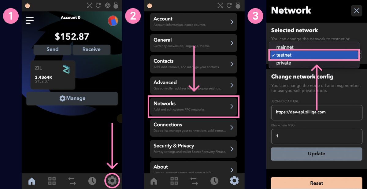 ZIL_ALL's tweet photo. 1️⃣ Install &amp; Open ZilPay: https://t.co/3ZDdG8HvFE
2️⃣ Click on the gear (in the lower right corner)
3️⃣ Select «Networks»
4️⃣ Switch MainNet to TestNet
5️⃣ Get TesNet $ZIL here: https://t.co/9XjMg16fvB
Or here: https://t.co/R8XvBaWW9p

🤑 Open https://t.co/BYx642v5jq and try it! https://t.co/o9pSnOha14