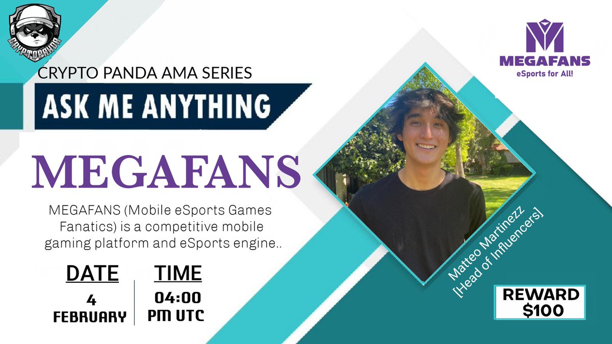 Crypto Panda will host #AMA with Megafans 4 th February 2022 at 4 PM UTC  Reward pool : $100
 
Must be following to win:
Twitter: @panda_airdrop24
Twitter: @MegafansEsports
Telegram: @megafans_esports
 
Must Like &amp; Retweet , follow the accounts above &amp; Tag 3 people on this post!