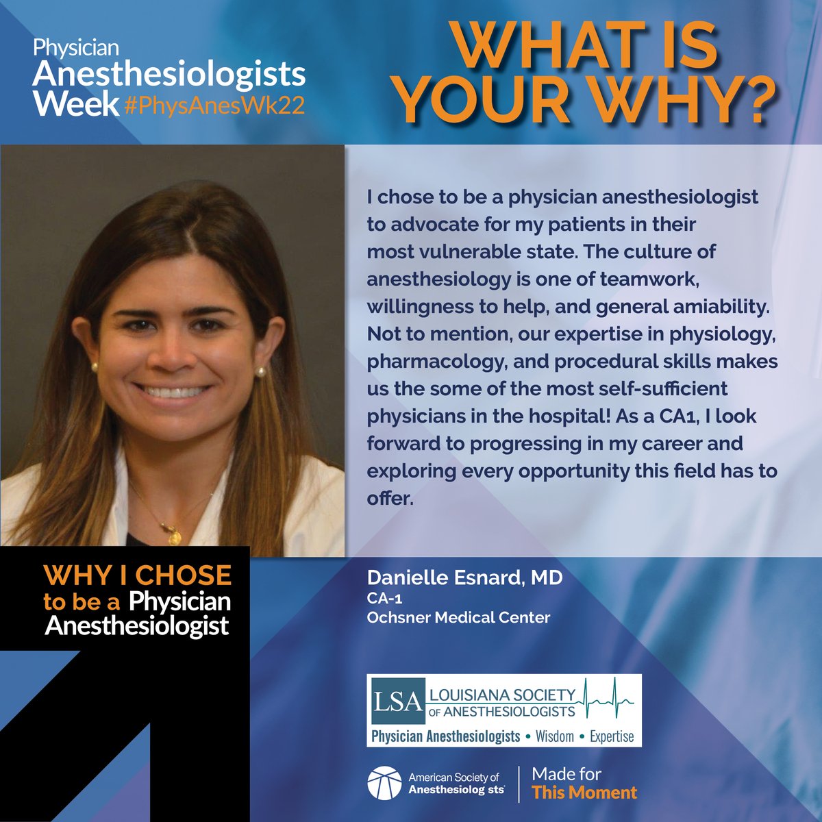 LSA (@lsa_hq) on Twitter photo We continue our WHY campaign with Danielle Esnard, MD from Ochsner Medical System. Share your WHY below or email us at info@lsahq.org and you could be featured in our WHY Wednesday campaign. #physaneswk22 #lsaphysaneswk22 #MadeForThisMoment We continue our WHY campaign with Danielle Esnard, MD from Ochsner Medical System. Share your WHY below or email us at info@lsahq.org and you could be featured in our WHY Wednesday campaign. #physaneswk22 #lsaphysaneswk22 #MadeForThisMoment