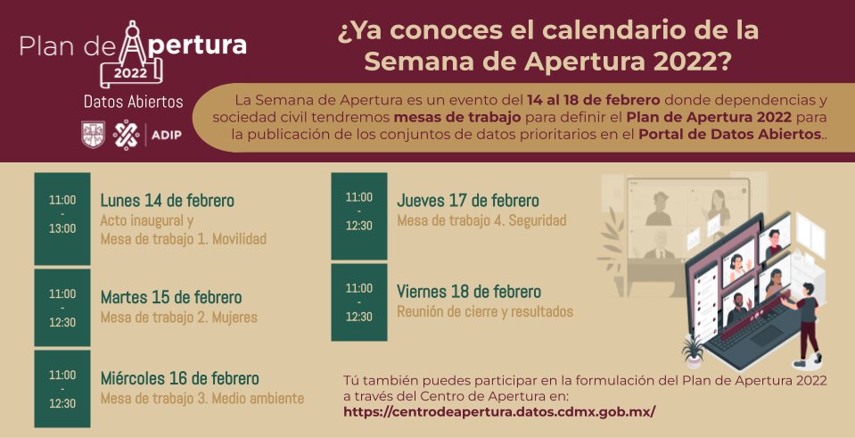 LaAgenciaCDMX's tweet image. ¿Quieres participar en la Semana de la Apertura 2022 y proponer la publicación de nuevas bases de datos para el Portal de Datos Abiertos de la #CDMX?
 
Escríbenos a fmartineza@cdmx.gob.mx y cuéntanos por qué te interesa participar.
 
Revisa el calendario de las 4 mesas aquí:👇