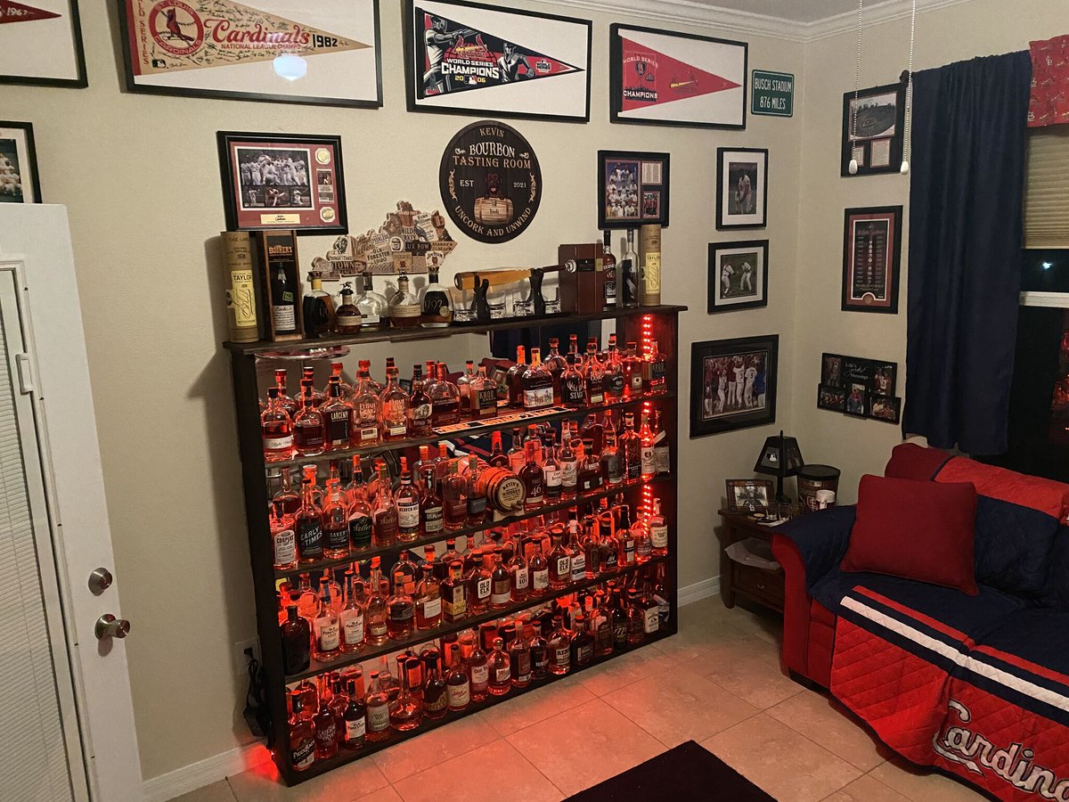 HusemanHomemade's tweet photo. When your bourbon collection is just too much for one cabinet! We built this custom self for a client to hold and display all of his bourbon complete with a mirror back and adjustable LED lighting. 

Schedule a consult today for your custom shelving needs! https://t.co/2hqPkjx5U0