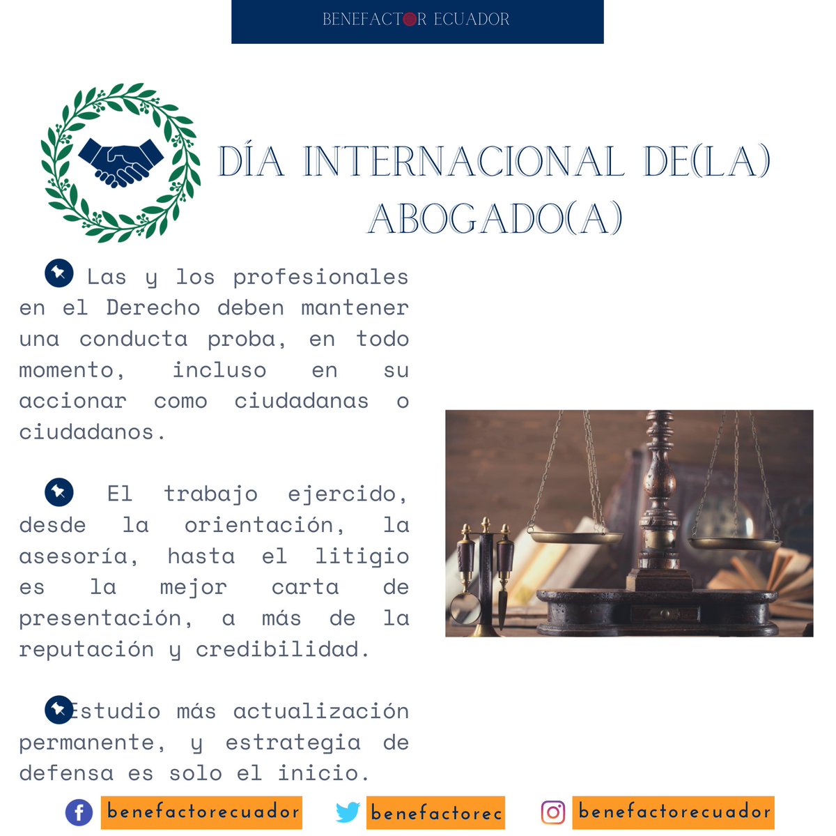 BenefactorEc's tweet photo. Día internacional del(la) Abogado(a):

▶️ la conducta de quienes aman al Derecho debe ser proba, en todo momento.

▶️ la carta de presentación: el trabajo realizado

▶️ decencia y honestidad, siempre

#Benefactor #Ecuador #BenefactorEC los derechos al alcance de tu mano ☎️ 🏢 🖥 https://t.co/ebIngvgP3B