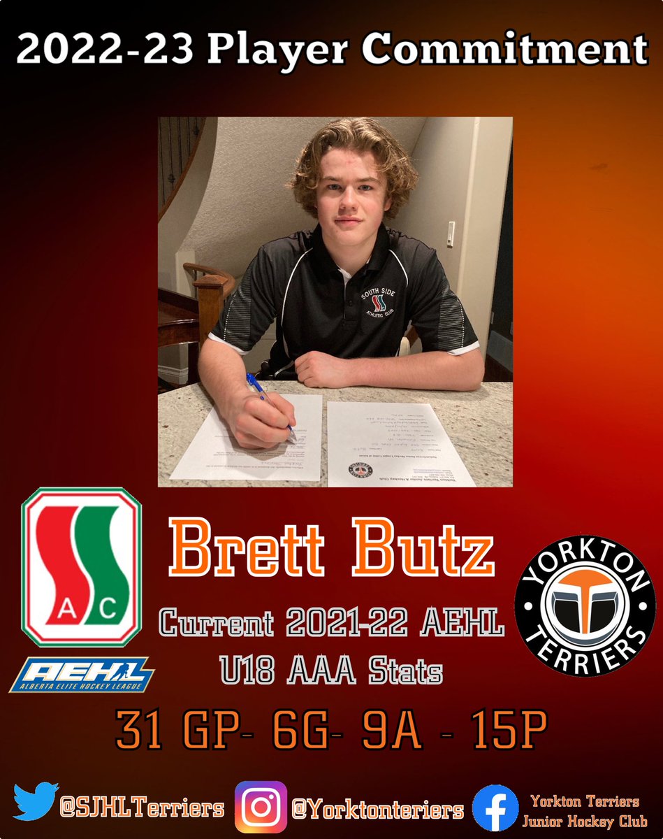 ✍️ SIGNED✍️

We have signed a LOI with Brett Butz of the <a href="/SSACHockey/">SSAC Hockey</a> for the 2022-23 season! 

In 31 games played so far this season, Brett has put up 6 goals and 9 assists! 

Welcome to the Terriers Brett and Family! 

#SJHL #PlayerCommitment