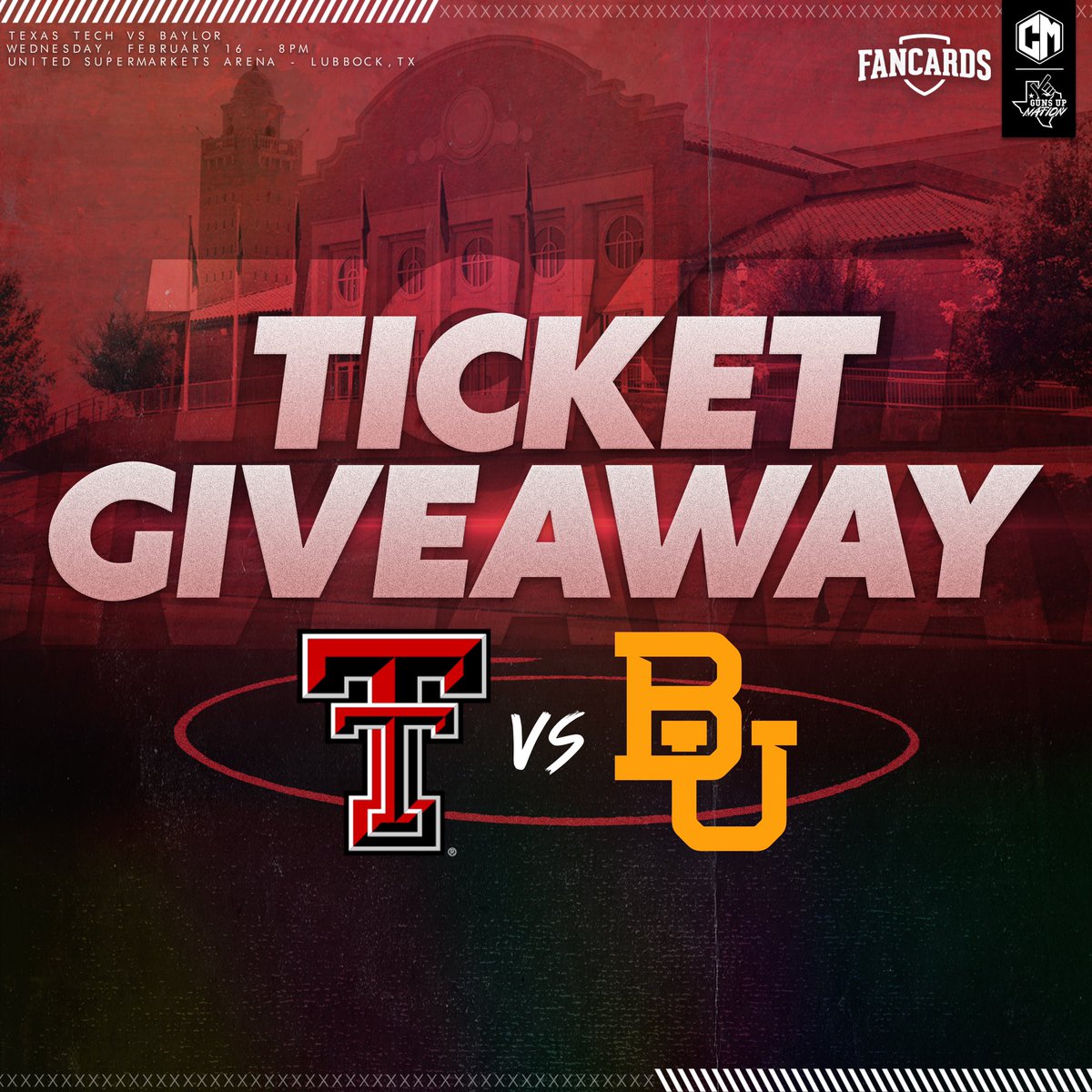 🚨GIVEAWAY TIME🚨

We’ve partnered with <a href="/ufancards/">Fancards</a> to give 2️⃣ Tickets away for the TTU vs. Baylor Game on Feb. 16!

Here’s how to enter👇

LIKE and RETWEET this Tweet

FOLLOW
<a href="/ufancards/">Fancards</a>
<a href="/gunsupnation/">Scarlet & Black Nation</a>

Winner announced Feb. 7‼️