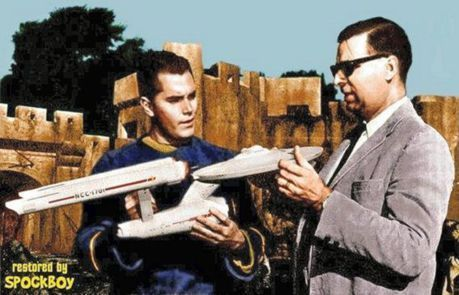 DrPopCultureUSA's tweet photo. Gene Roddenberry showing the first captain of the Enterprise (Christopher Pike, played by actor Jeffrey Hunter) what the ship he commands looks like - circa 1964. https://t.co/5t4TZ77FmR