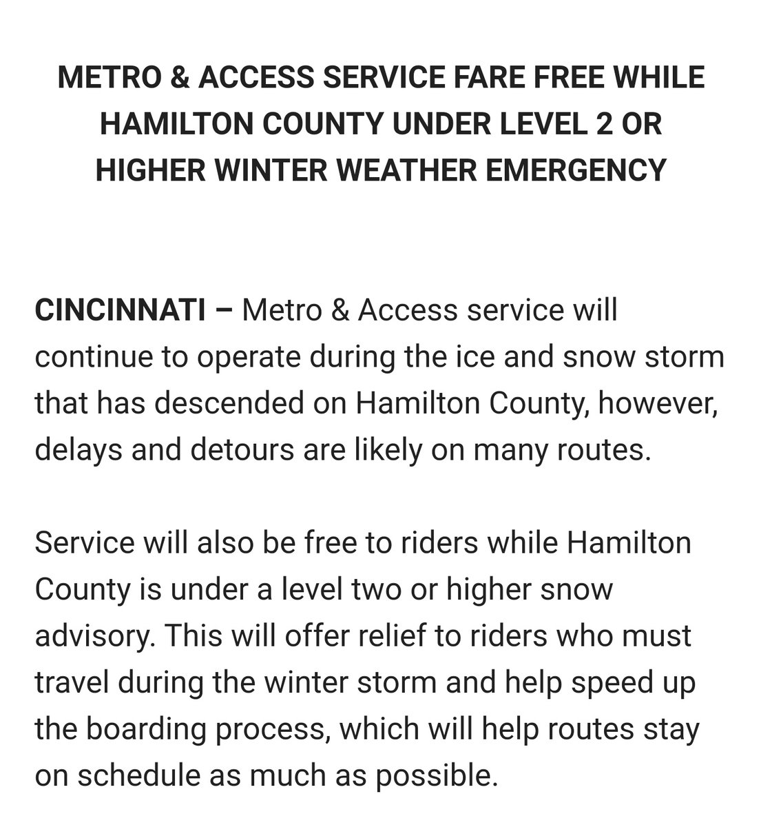 .<a href="/cincinnatimetro/">Cincinnati Metro</a> offering free rides during Level 2 snow emergency. Which is now.