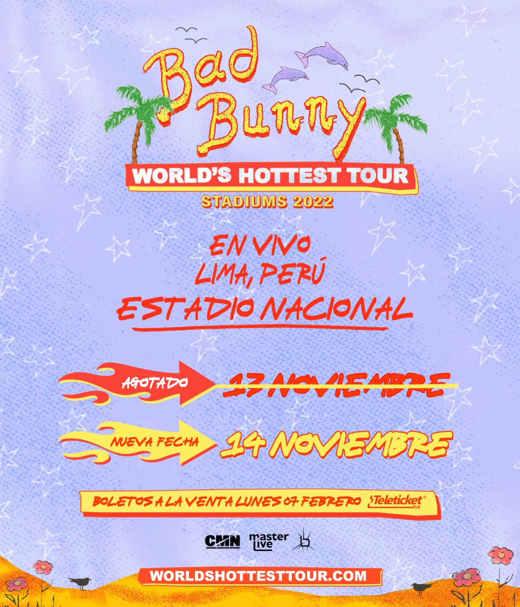 masterliveperu's tweet photo. ¡NOTICIA DE ÚLTIMO MINUTO!
¡Tenemos segunda fecha! 🎉 El concierto más caliente del año por partida doble 🔥🔥 Prepárate porque este Lunes 7 de Febrero empieza la venta en Teleticket 🎫

Bad Bunny | World’s Hottest Tour |
Segunda Fecha - Lunes 14 de Noviembre | Estadio Nacional https://t.co/a4MgyPcld3