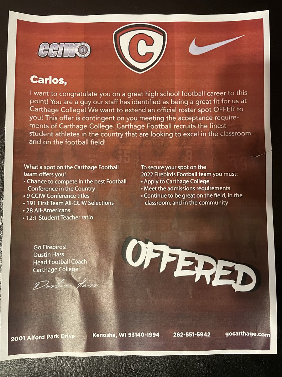 #AGTG Blessed to receive an offer from Carthage College ‼️<a href="/CoachDustinHass/">Dustin Hass</a> @MHSFBFAMILY <a href="/RecruitGeorgia/">Recruit Georgia</a>