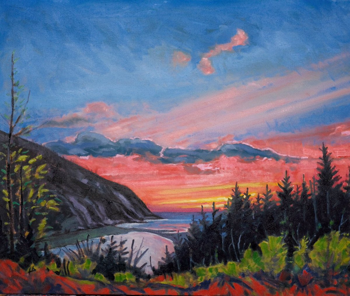 Mark_A_Brennan's tweet photo. Goofy me, almost finished this work that I’ve been picking away at since before Christmas. Some key areas still need some attention. Fishing Cove Evening, Cape Breton Highlands National Park. Oil on canvas. #canadianart #cbhnp #fishingcove https://t.co/5VoErHx5Rb