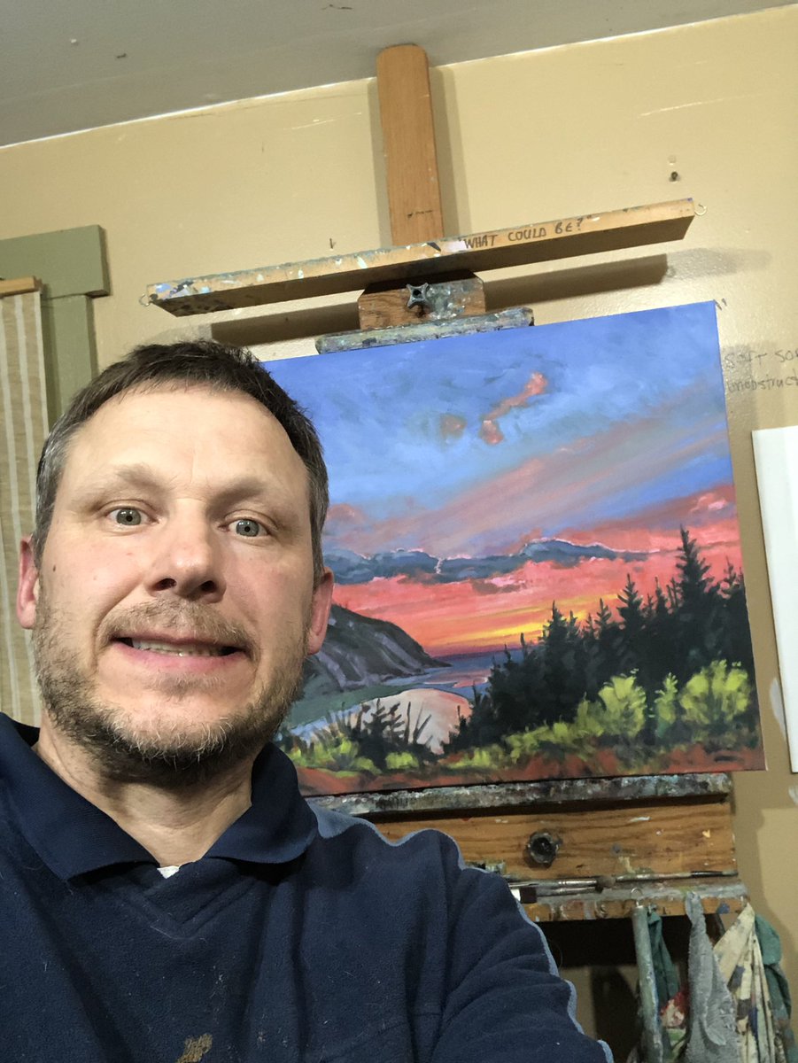 Mark_A_Brennan's tweet photo. Goofy me, almost finished this work that I’ve been picking away at since before Christmas. Some key areas still need some attention. Fishing Cove Evening, Cape Breton Highlands National Park. Oil on canvas. #canadianart #cbhnp #fishingcove https://t.co/5VoErHx5Rb