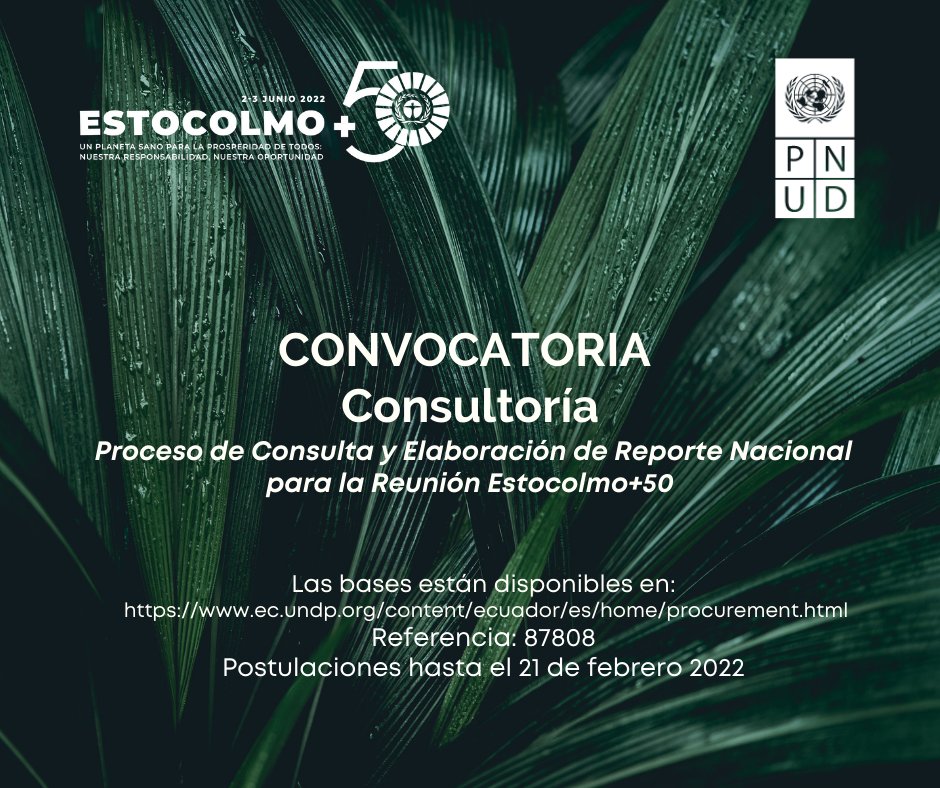 PNUDEcuador's tweet photo. 📢 CONSULTORÍA 
“Proceso de Consulta y Elaboración de Reporte Nacional para la Reunión Estocolmo+50 (Cumbre de la Tierra - 1972)” 

📩 Aplica hasta el 21 de febrero 2022 - 17h00 

Entra aquí y conoce todos los requisitos 👉🏼 https://t.co/v34qNx1bml https://t.co/ZFPMSyoq7B