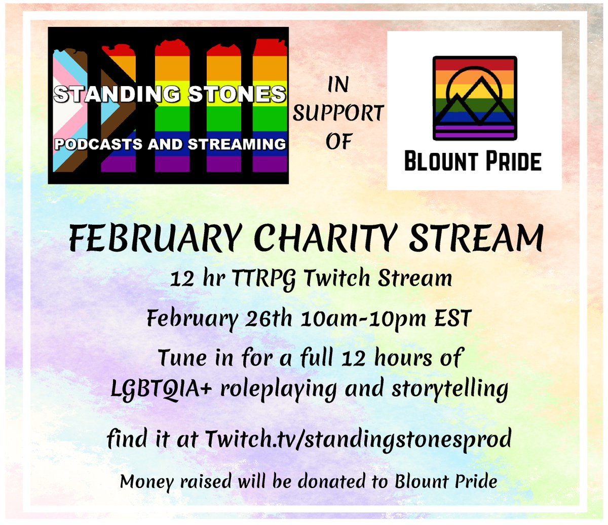 stones_standing's tweet image. Join us at the end of this month we are hosting another streaming event to raise money for Blount Pride. Blount Pride is the local queer pride org for many of our members, &amp;amp; is doing good work on a local level.  Tune in on Feb. 26th for great games &amp;amp; great fun for a great cause.
