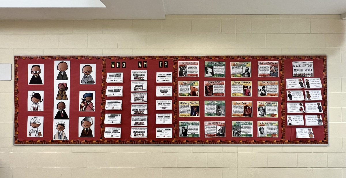 MrsAlliWaller's tweet photo. Our interactive African American History Month board is complete. I’m so excited for our students and staff to learn and celebrate! #HillcrestHurricanes #SoarWithD34 #D34Pride https://t.co/tIjHDk2Ufm