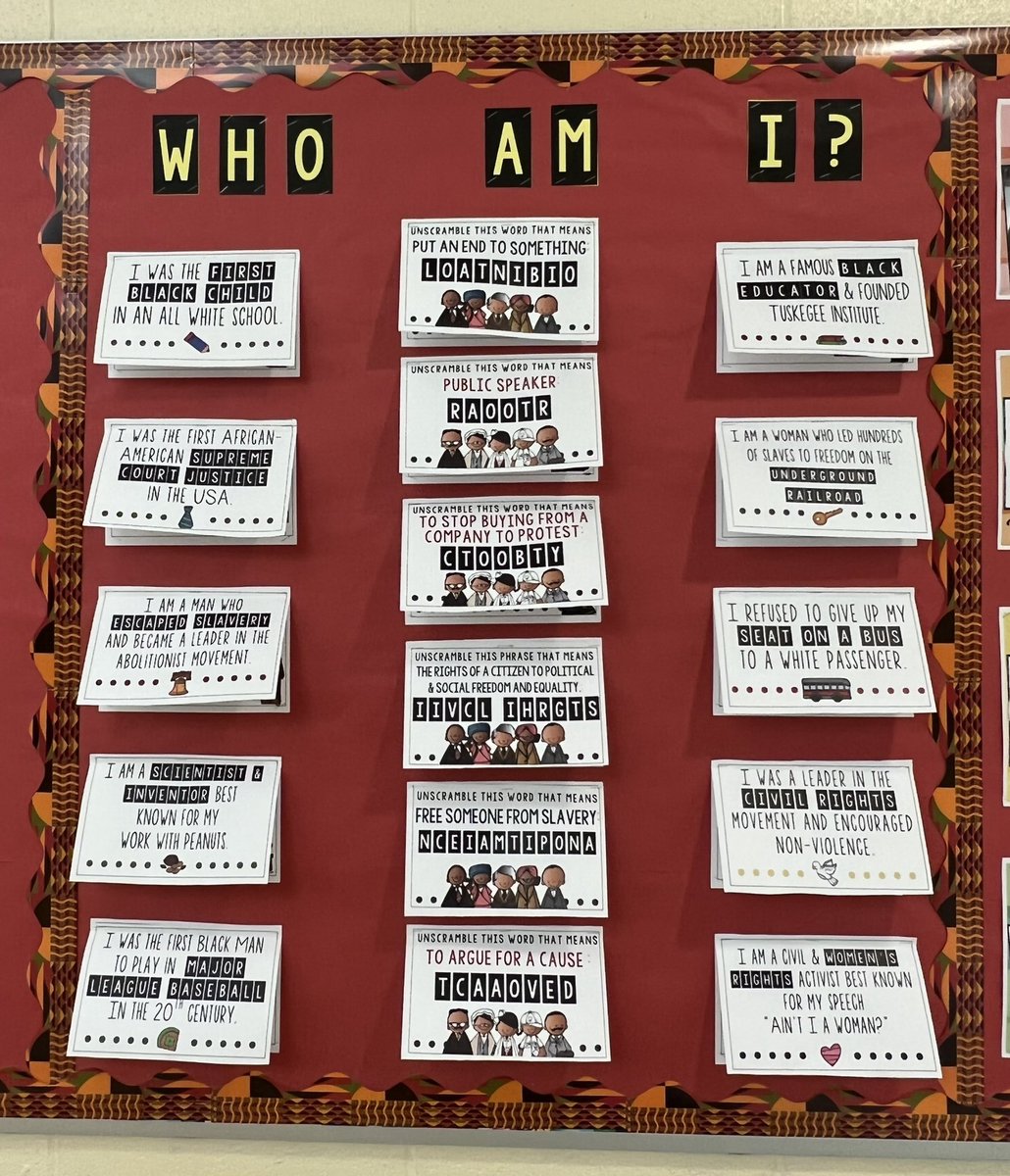 MrsAlliWaller's tweet photo. Our interactive African American History Month board is complete. I’m so excited for our students and staff to learn and celebrate! #HillcrestHurricanes #SoarWithD34 #D34Pride https://t.co/tIjHDk2Ufm
