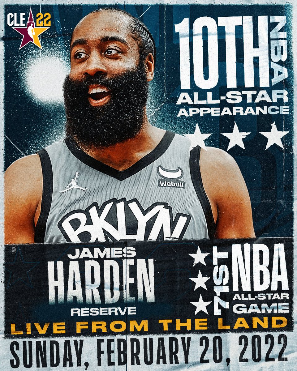 Making his 10th #NBAAllStar appearance... James Harden of the <a href="/BrooklynNets/">Brooklyn Nets</a>.

Drafted as the 3rd pick in 2009 out of Arizona State, <a href="/JHarden13/">James Harden</a> is averaging 22.5 PPG, 8.0 RPG and 10.2 APG for the Nets this season.