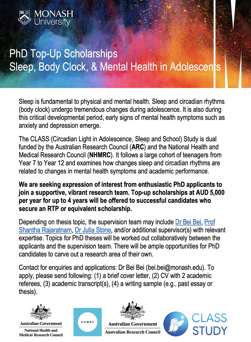 Bei Bei (@beisci) on Twitter photo 🌟PhD top-up scholarships on #sleep, body clock, & #MentalHealth in #adolescents
Seeking enthusiastic students to join a longitudinal study funded by <a href="/arc_gov_au/">Australian Research Council</a> & @NHMRC. Vibrant, supportive team <a href="/MonashSleepLab/">MonashSleepLab</a> <a href="/turnerinstitute/">Turner Institute for Brain and Mental Health</a> <a href="/smwrajaratnam/">Shantha Rajaratnam</a> <a href="/JStone_247/">Dr Julia Stone</a>
supervisorconnect.med.monash.edu/projects/sleep… 🌟PhD top-up scholarships on #sleep, body clock, & #MentalHealth in #adolescents
Seeking enthusiastic students to join a longitudinal study funded by <a href="/arc_gov_au/">Australian Research Council</a> & @NHMRC. Vibrant, supportive team <a href="/MonashSleepLab/">MonashSleepLab</a> <a href="/turnerinstitute/">Turner Institute for Brain and Mental Health</a> <a href="/smwrajaratnam/">Shantha Rajaratnam</a> <a href="/JStone_247/">Dr Julia Stone</a>
supervisorconnect.med.monash.edu/projects/sleep…
