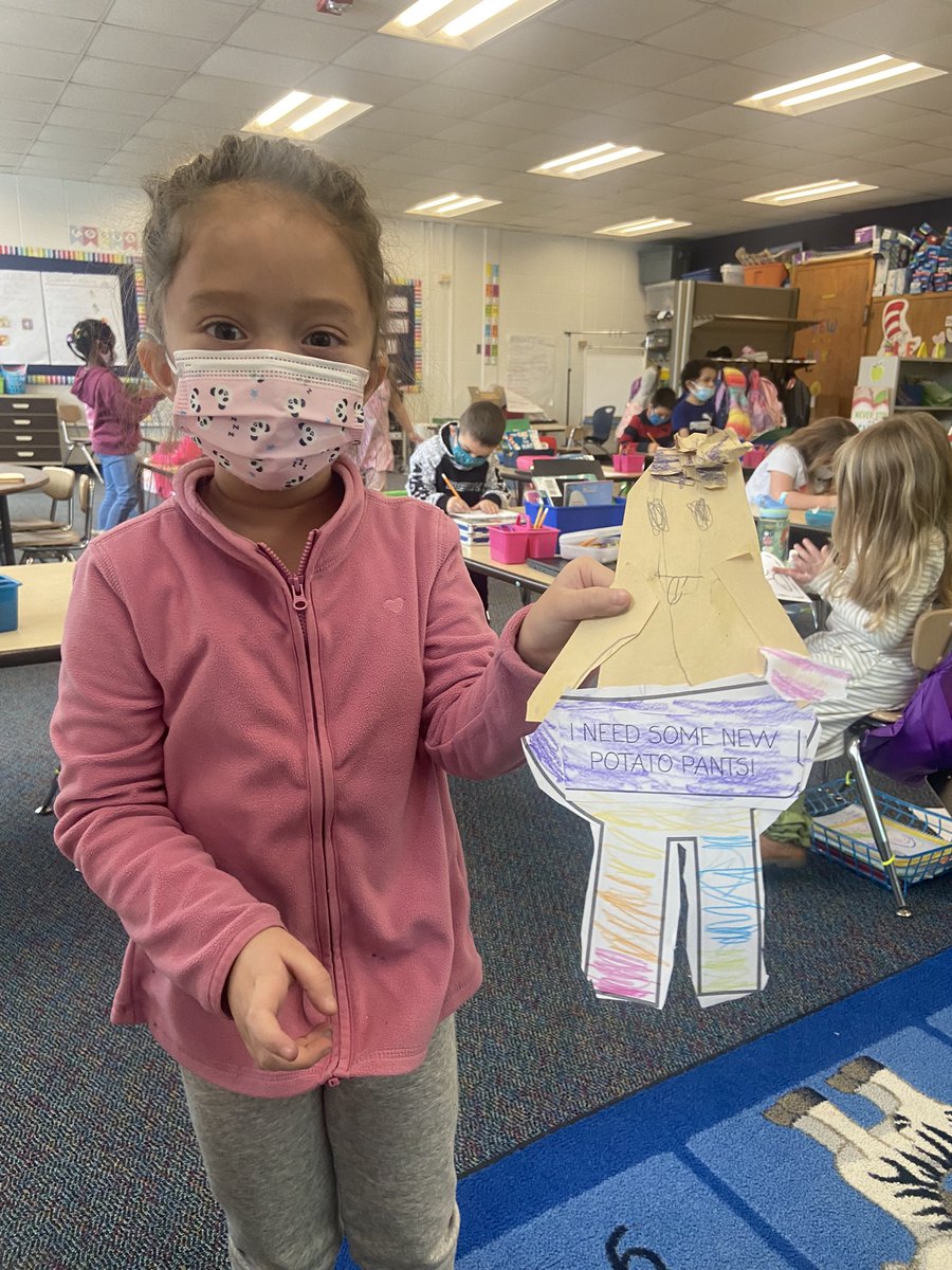 Gina_Larucci's tweet photo. Who knew a potato pants craft could bring so much joy and laughs! I love #Kindergarten. We recently discovered the book..safe to say, we loved it (and yes, the first potato is also holding bacon).π€£π₯ #LLhasheart #D15learns https://t.co/D0dYBHsAEH