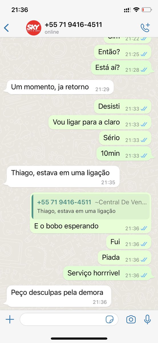 thiago_lott's tweet photo. @skybrasil incrível o atendimento de vocês! Até tentei ser cliente, mas depois de aguardar 10min no WhatsApp com a atendente ela me retorna pedindo desculpa mas estava em uma ligação! Desisti! https://t.co/GMlhcW6WgW