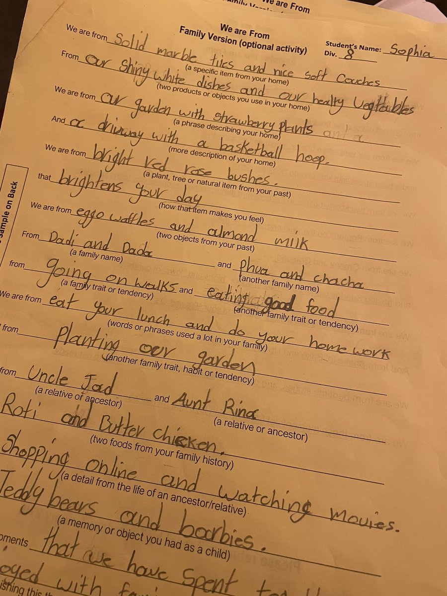 secondstSD41's tweet image. So MOVING! Beautiful family “We are From” poems written in #LiteracyWeek. Families reflected on past, place, elders, special items, stories and words to represent their identities as families. @burnabyschools