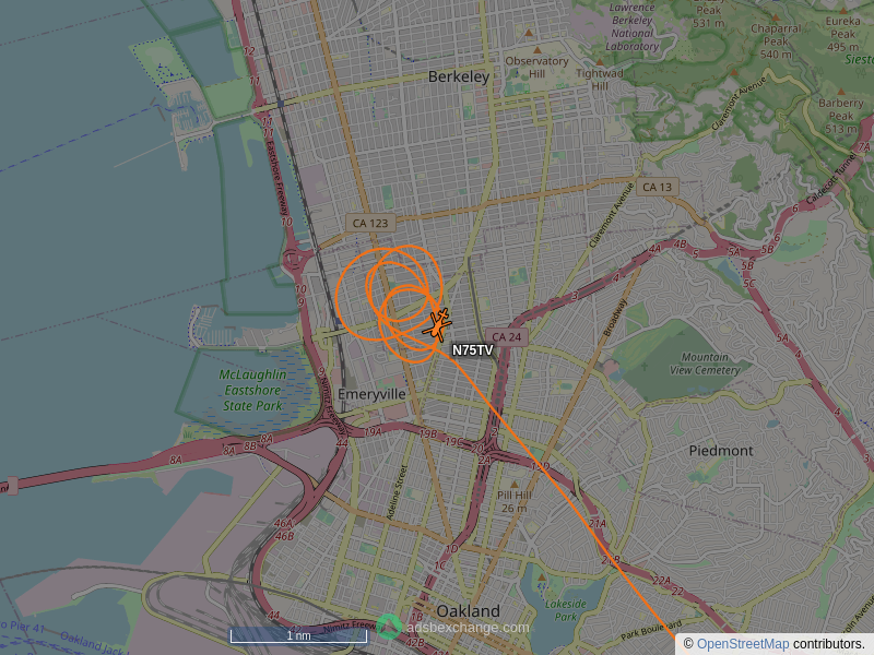 SkyCirclesSF's tweet photo. N75TV, a Bell 206-L-4, is circling over Paradise Park, Oakland at 1000 feet, speed 61 MPH, squawking 1200, 0.1 miles from Gateway Grocery Butcher https://t.co/RbcUzSxSxy https://t.co/4mLsphWSjE