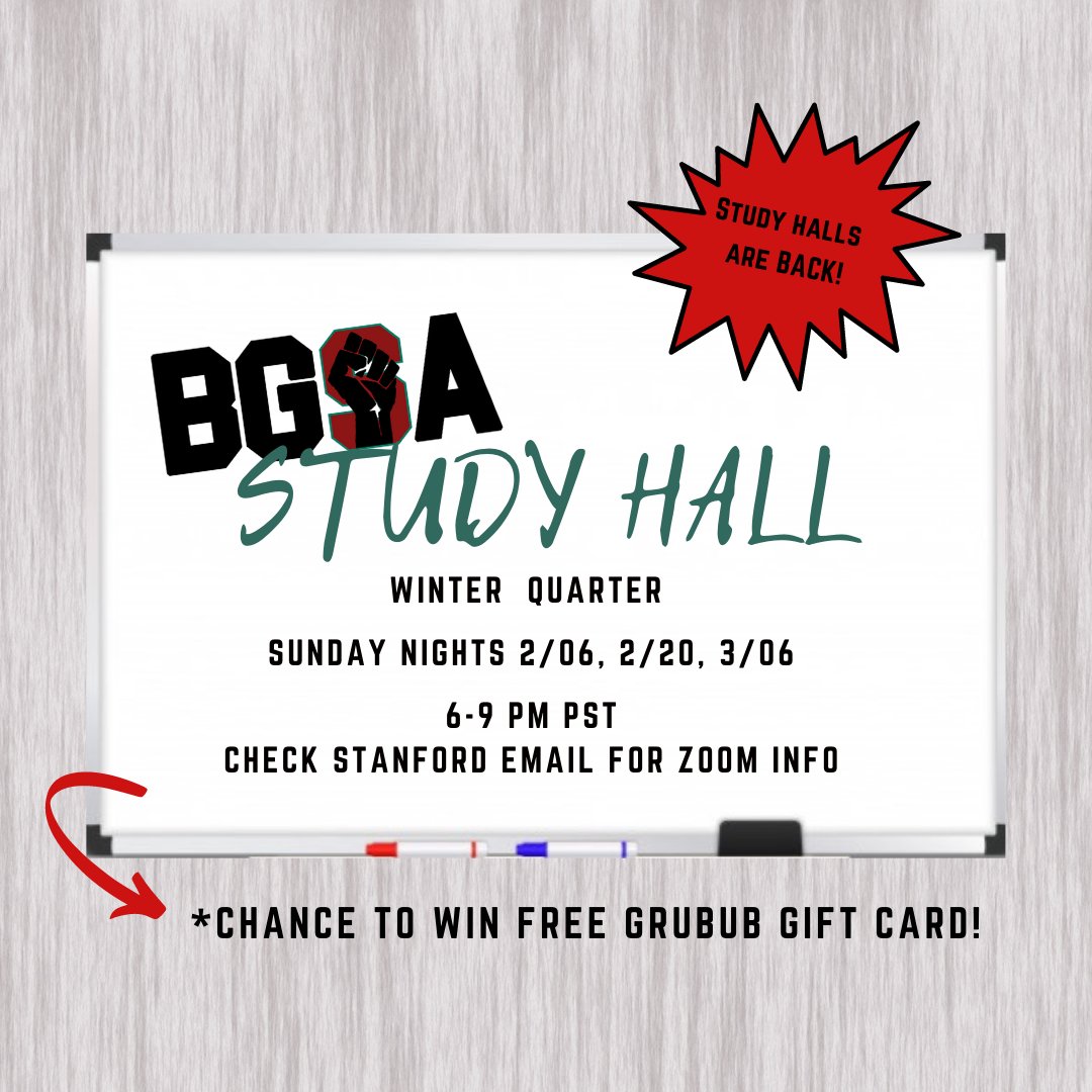 We know you have a lot of work, so do we! 
Join your BGSA this Sunday night for our virtual study hall and let's grind together!

02/06/2022
6-9 pm
Zoom Link will be sent out on the listserv!