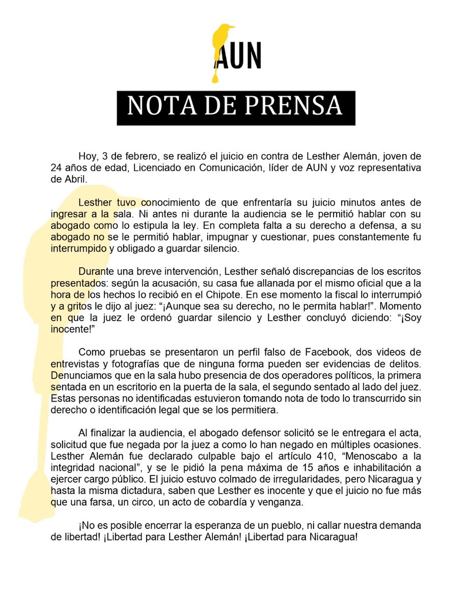 100noticiastv's tweet photo. #LoÚltimo Actualización sobre el juicio a @LestherLAleman Régimen impidió que se defendiera "en completa falta a su derecho a defensa, a su
abogado no se le permitió hablar, impugnar y cuestionar, pues constantemente fue 
interrumpido y obligado a guardar silencio" https://t.co/qHit4lOBCF