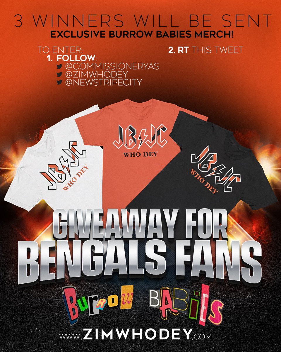 zimwhodey's tweet image. Doing a giveaway for bengals fans!

The winners will be sent exclusive “Burrow Babies” (Zimwhodey.Com) merch. 

to enter:

-follow @commissioneryas / 
@zimwhodey / &amp;amp; @NewStripeCity 
- RT this tweet