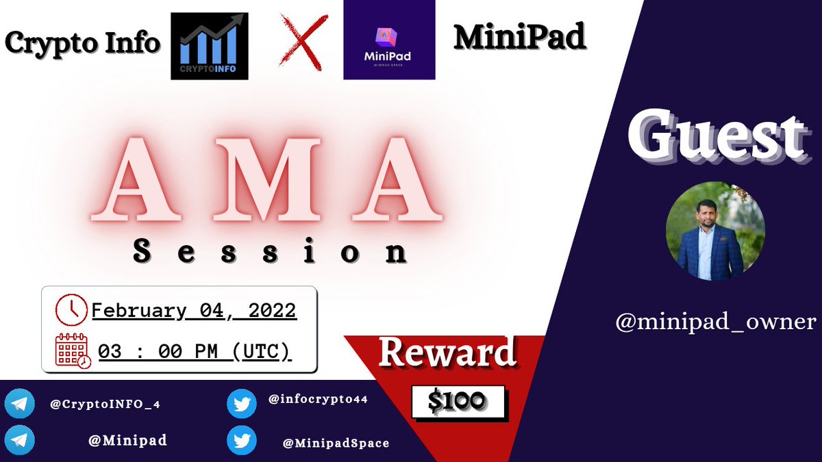 Dr_Abilanoor's tweet photo. 📢 𝐖𝐄're thrilled to announce our next #AMA with @MinipadSpace 
on 04 Feb, 03:00 PM UTC

💰 Reward Pool: 100$
📍 Venue: https://t.co/AY8eJLhZLM

〽️𝐑𝐔𝐋𝐄𝐒 :
✅ Follow @CryptoInfo44 &amp; 
@MinipadSpace 
✅Like Retweet &amp; Coment Your Questions (3 Questions Max)Tag 3 friends https://t.co/qWH6YDS8DG