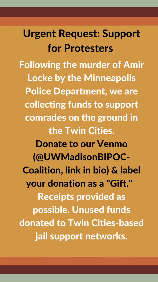 UWBIPOCCo's tweet photo. ‼️URGENT REQUEST: SUPPORT PROTESTERS ON THE GROUND IN THE TWIN CITIES‼️

Amir Locke was still wrapped in his blanket when he was murdered by the Minneapolis Police Department.

We are working to distribute funds to medics &amp; jail support in the Twin Cities. 

No justice, no peace. https://t.co/SnmfUhhTcH