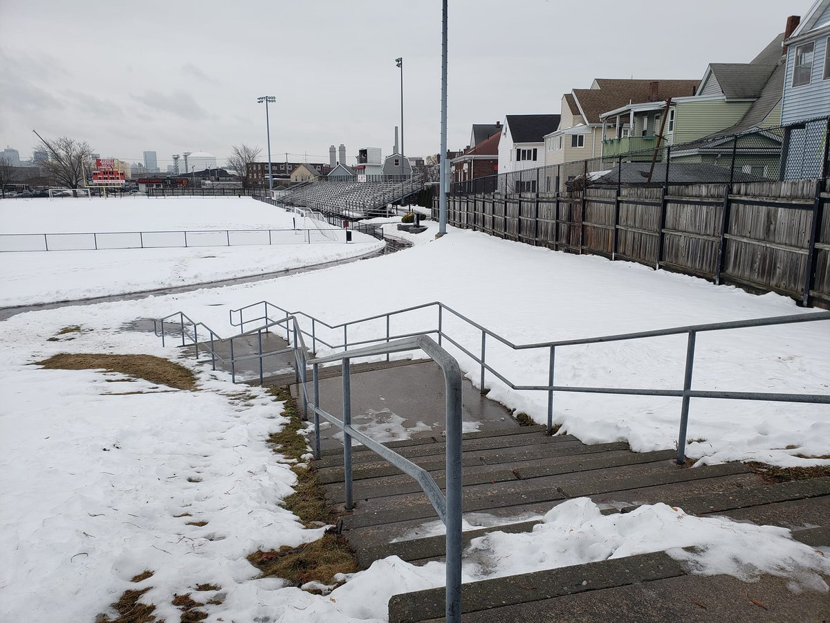 MaEverett's tweet photo. Snowy Everett Veterans Memorial Stadium. View from Chelsea Street Park. Everett, MA https://t.co/T4i4jUt4ty