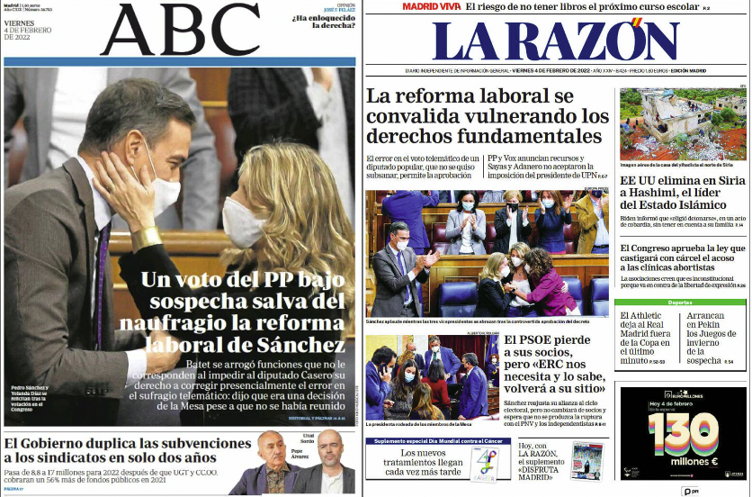 Servimedia's tweet photo. #BuenosDías y #FelizViernes ☕️📰 

🗳️ Sánchez salva la #ReformaLaboral por un error del #PP

🏦 El BCE deja abierta la opción a subir los tipos este año

🇸🇾 El líder del #ISIS se suicida en el asedio de fuerzas de EEUU en Siria 

🗞️Temas de portada de hoy https://t.co/A7zERxcwD9