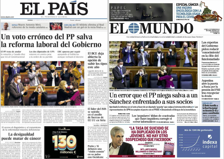 Servimedia's tweet photo. #BuenosDías y #FelizViernes ☕️📰 

🗳️ Sánchez salva la #ReformaLaboral por un error del #PP

🏦 El BCE deja abierta la opción a subir los tipos este año

🇸🇾 El líder del #ISIS se suicida en el asedio de fuerzas de EEUU en Siria 

🗞️Temas de portada de hoy https://t.co/A7zERxcwD9