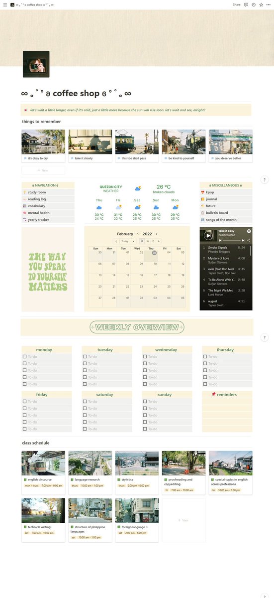 ywzarchive's tweet image. i completely revamped my notion today and i felt kinda proud of it so here's a quick notion tour :D
i used green and yellow/beige tones for the homepage and also added some film photos for the aesthetic️ ♡ #notiontwt